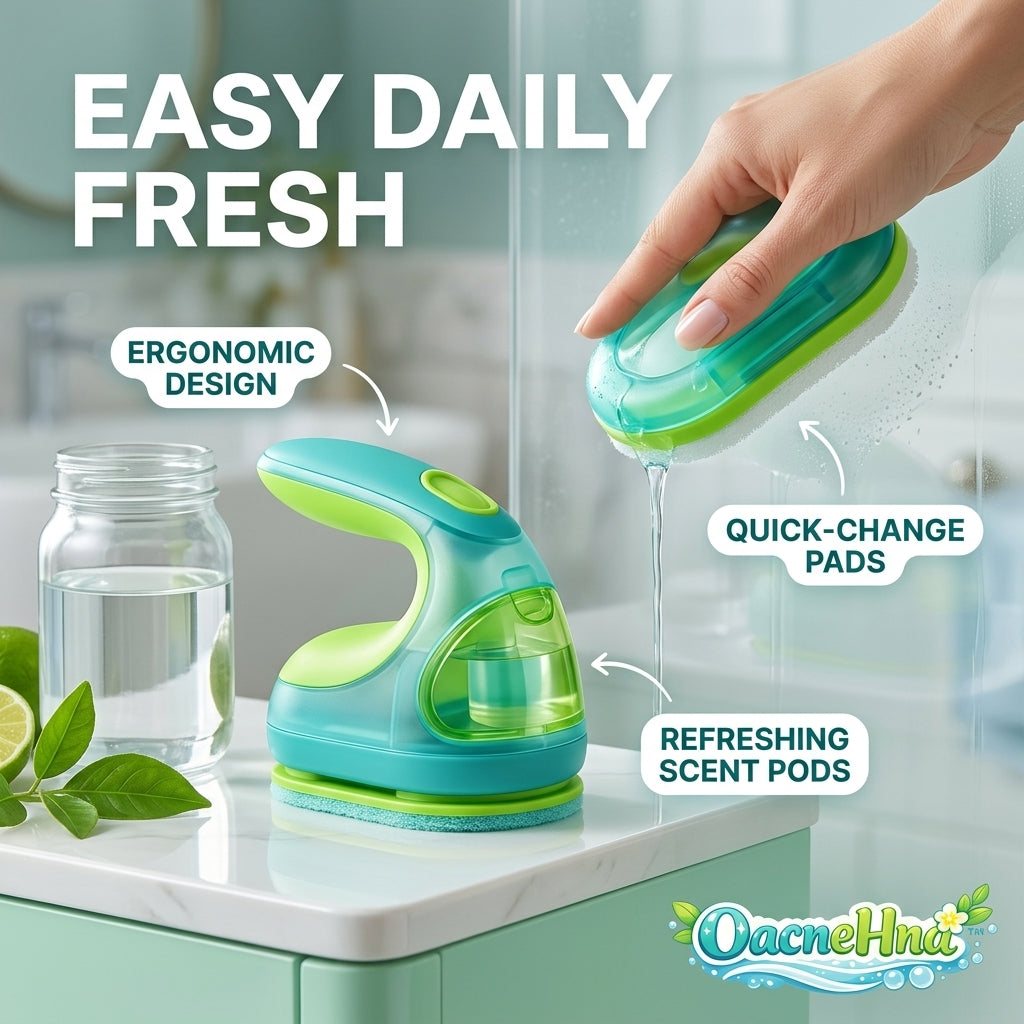 OacneHna™ Ergonomic Shower Scrubber | Handheld Bathroom Cleaning Brush with Quick-Change Pads & Refreshing Scent Pods | Streak-Free Glass & Tile Cleaner