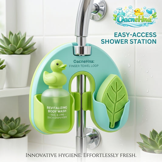 OacneHna™ Easy-Access Shower Station – Hanging Shower Caddy with Cute Duck Body Wash Dispenser & Leaf Scrubber, Space-Saving Pipe-Mounted Bathroom Organizer, Teal & Lime